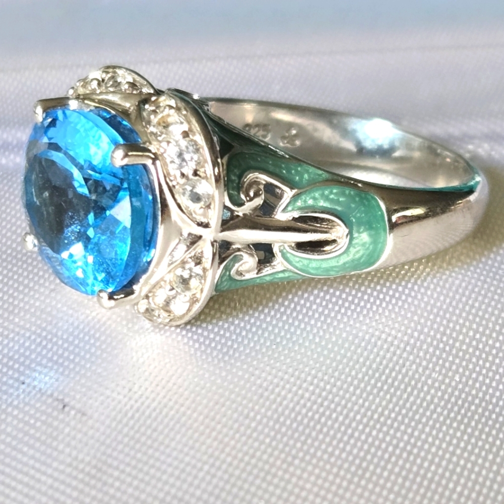Victoria Wieck blue topaz multigemstone and aqua enamel sterling silver ring